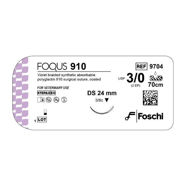 SUTURA 910 FOQUS INTRECCIATO E RIASSORBIBILE VIOLA USP 3/0 AGO TRIANGOLARE 3/8 CERCHIO 24 MM 70 CM