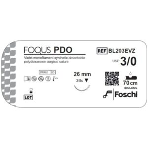 SUTURA PDO FOQUS SINTETICA ASSORBIBILE MONOFILAMENTO VIOLA USP 2-0 AGO TRIANGOLARE 3-8 CERCHIO 26 MM 70 CM