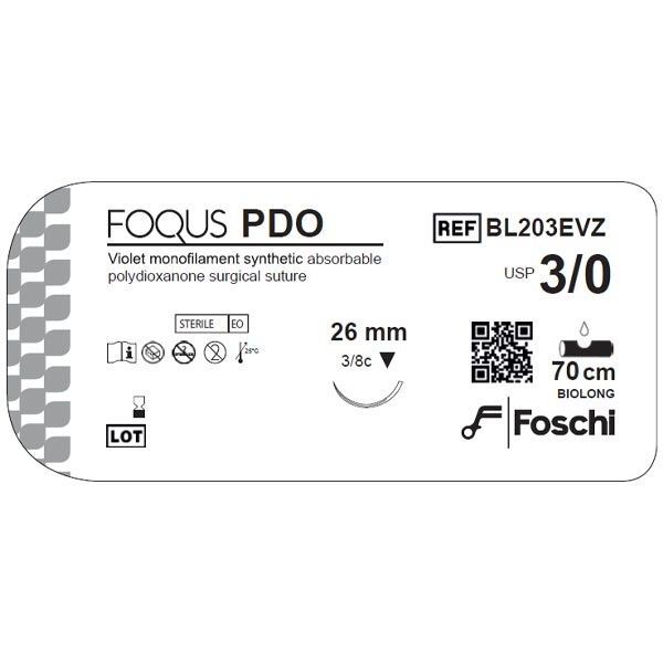 SUTURA PDO FOQUS SINTETICA ASSORBIBILE MONOFILAMENTO VIOLA USP0 AGO CIRCOLARE 1/2 CERCHIO 26 MM 70 CM