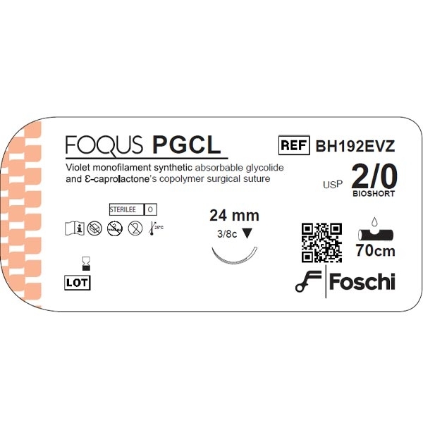 SUTURA PGCL FOQUS SINTETICA ASSORBIBILE MONOFILAMENTO VIOLA USP 6/0 AGO TRIANGOLARE 1/2 CERCHIO 18 MM 70 CM